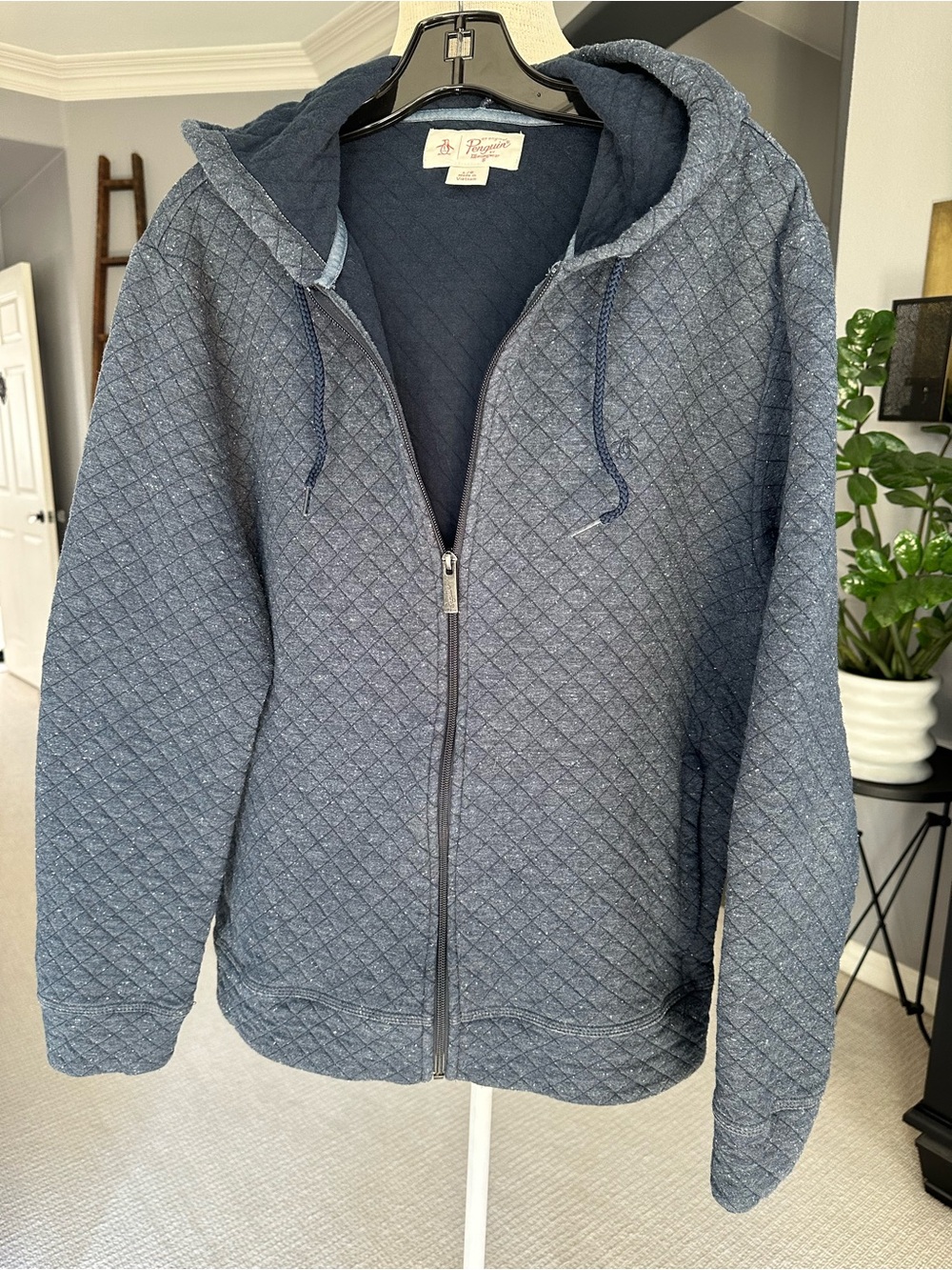 Original Penguin Quilted Hooded Zip Jacket in Denim Blue size large